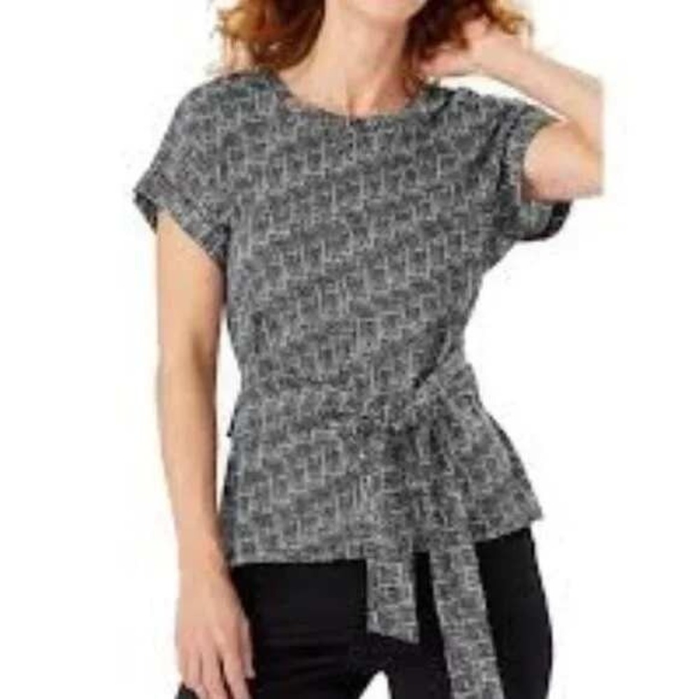 Tommy‎ Bahama Women's Short Cuffed Sleeve Black/White Geometric Top Tie Waist S